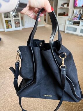 LIKE DREAMS Black Suede Shoulder Bag with Gold Accents